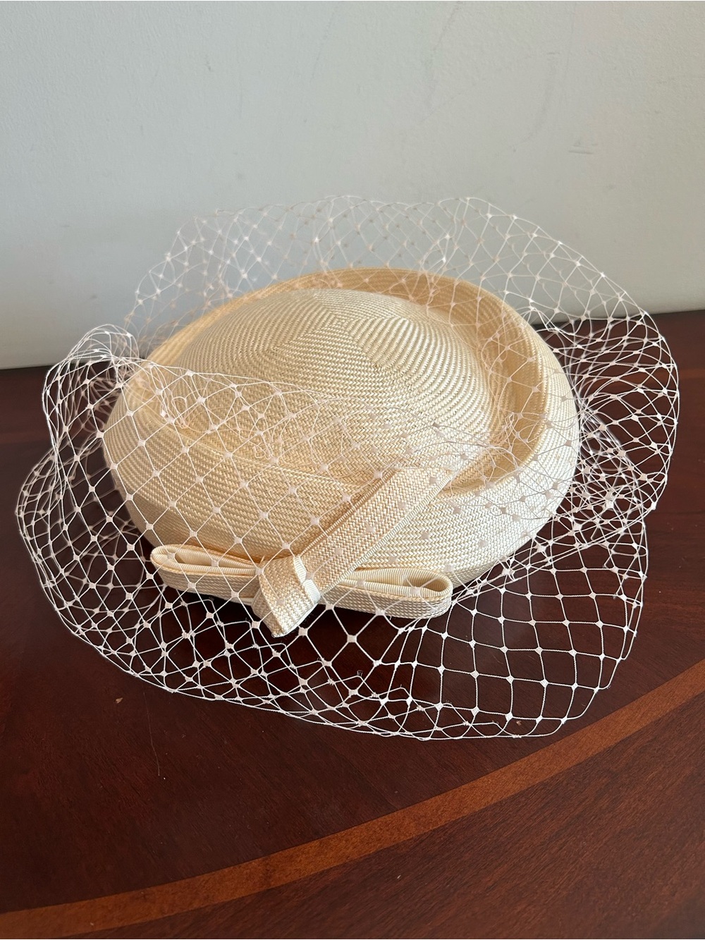 Vintage 1960’s Adolfo Cream Straw Veiled Pill Box/Fascinator Hat